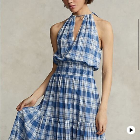 Ralph Lauren Plaid Tiered Cotton Halter Maxi Dress Size 10 - Picture 16 of 16